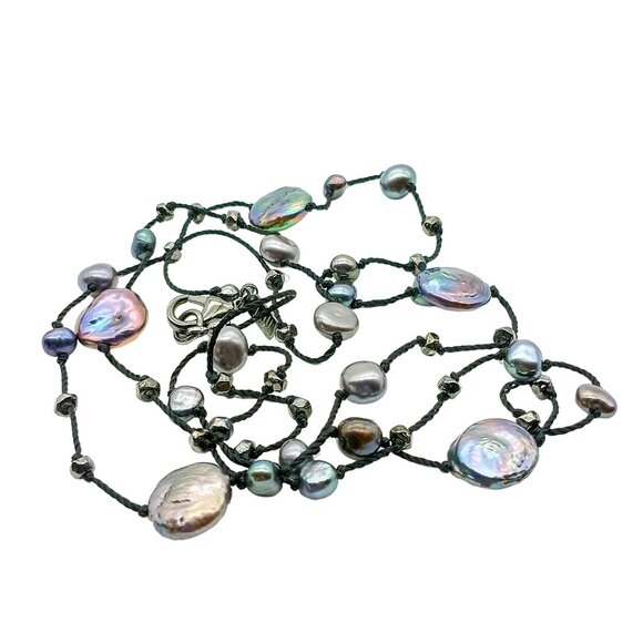 Freshwater Pearl and Black Cord Necklace with Silver Clasp, Vintage Classy J Jil - Picture 2 of 3